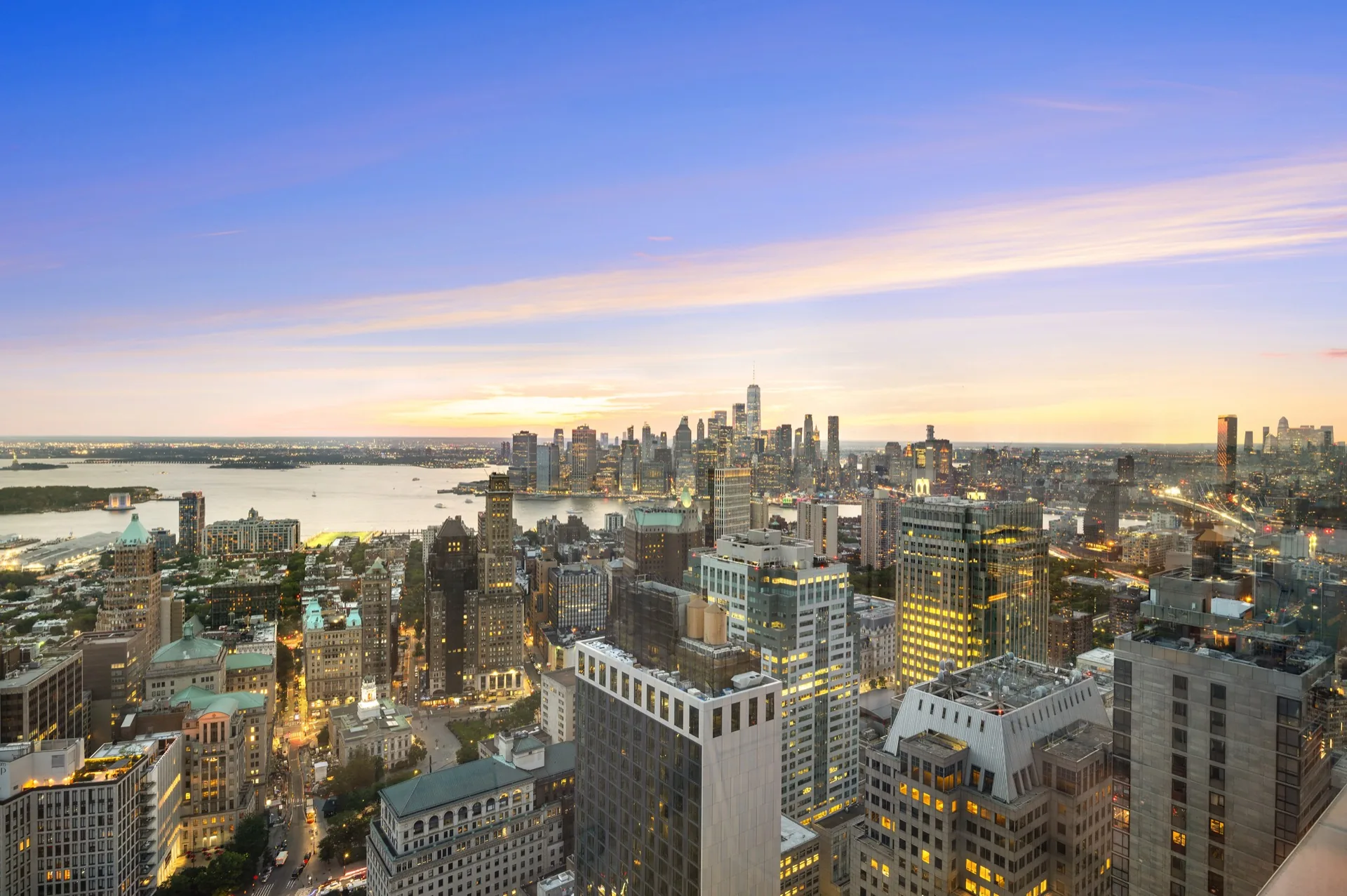 Manhattan and Brooklyn skyline at dusk